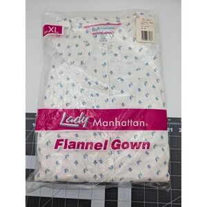 Lady Manhattan Flannel Gown Womens XL‎ White Blue Floral Lace Trim Sleepwear
